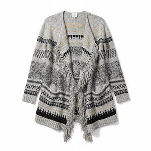 Cabi 3701 Gray Stripe Shetland Fringe Cardigan Sweater Small‎ Tribal Boho